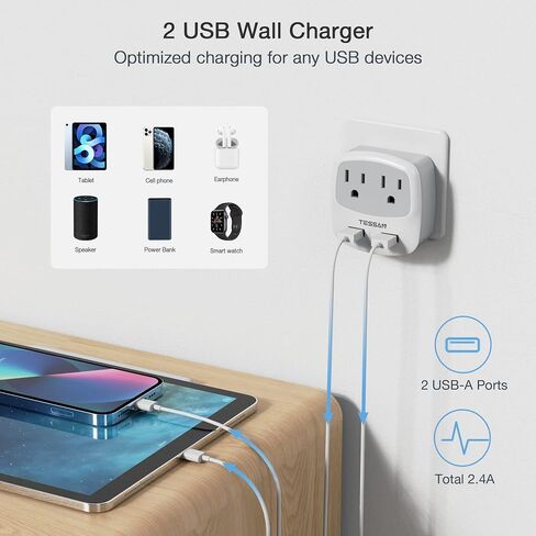 TESSAN European Travel Plug Adapter Converter | International Power Plug Converter, 2 USB Ports, Type C Outlet, US to Most of Europe EU Iceland Spain Italy France Germany in Kuwait