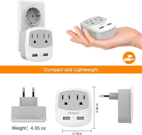 TESSAN European Travel Plug Adapter Converter | International Power Plug Converter, 2 USB Ports, Type C Outlet, US to Most of Europe EU Iceland Spain Italy France Germany in Kuwait