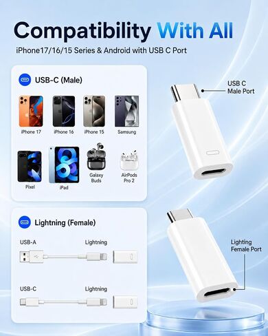 3-Pack Lightning Female to USB-C Male Adapter for iPhone 15/16/17 | Supports Charging and Data Transfer; Reuses Old Lightning Cables with USB-C Devices; Not for Audio or OTG. in Saudi Arabia