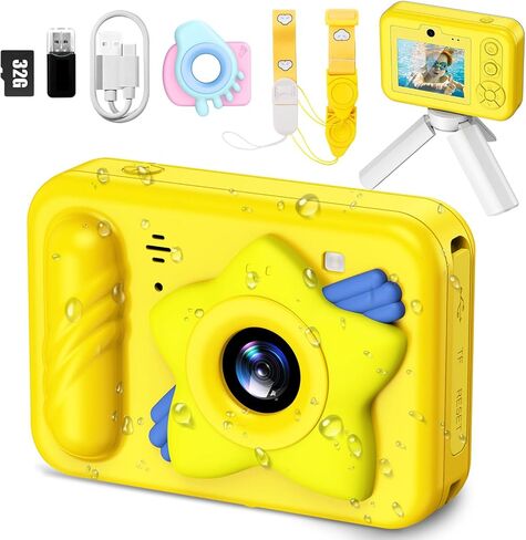 Underwater Camera for Kids - IP68 Waterproof Camera, 48MP Dual Lens, 1080P Video Recording, Toddler Camera for Pool & Beach, Ideal Christmas Birthday Gifts for Boys Girls Age 3-12 (Lemon Yellow) in Saudi Arabia