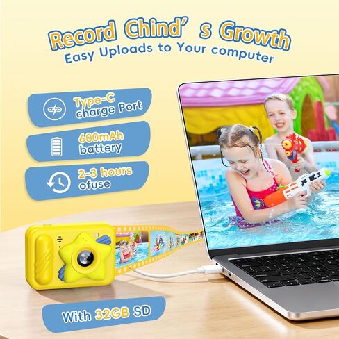 Underwater Camera for Kids - IP68 Waterproof Camera, 48MP Dual Lens, 1080P Video Recording, Toddler Camera for Pool & Beach, Ideal Christmas Birthday Gifts for Boys Girls Age 3-12 (Lemon Yellow) in Saudi Arabia