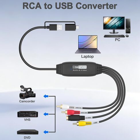 VHS to Digital Converter, RCA to USB Converter for VCR, Hi8, Mini DV, 1080P | Preserve Old Memories, Plug-and-Play, Transfer Home Videos to Computer, Popular Recording Software in Saudi Arabia