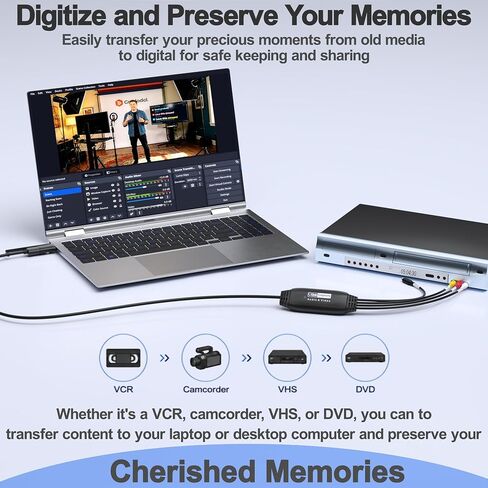 VHS to Digital Converter, RCA to USB Converter for VCR, Hi8, Mini DV, 1080P | Preserve Old Memories, Plug-and-Play, Transfer Home Videos to Computer, Popular Recording Software in Saudi Arabia