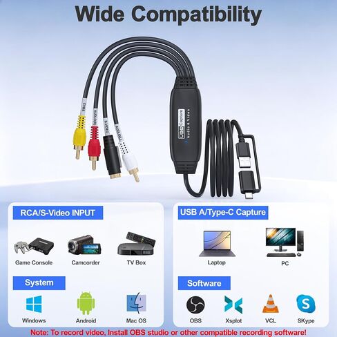 VHS to Digital Converter, RCA to USB Converter for VCR, Hi8, Mini DV, 1080P | Preserve Old Memories, Plug-and-Play, Transfer Home Videos to Computer, Popular Recording Software in Saudi Arabia