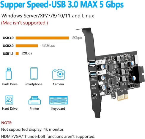 USB PCIe Card PCI Express to 6 Ports 2X Type A,2X USB C, with Type-E/19 Pin | 5Gbps PCIe USB 3.0 Expansion Card, USB C PCIe Card, with Low Profile Bracket, with Windows XP/7/8/10 and Linux Mint in Saudi Arabia