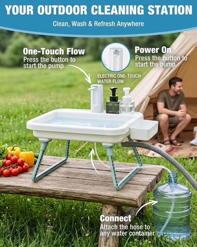 VILLEY Camping Sink, Portable Outdoor Hygiene Station with Electric Faucet | Portable & Lightweight, Smart Pump, One-Touch Water Control, Dual Setup Modes, Auto Shut-Off, Hand Washing & Food Cleaning in Saudi Arabia