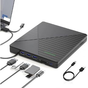 External CD DVD Drive for Laptop Mac with 3 USB Ports and 2 TF/SD Card Slots,USB 3.0 & USB-C CD DVD Optical Disc Reader Burner Player for MacBook Pro Air iMac Laptop PC Windows 11/10/8/7 Linux Mac OS in Saudi Arabia