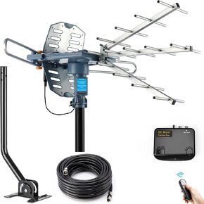 PBD Digital Outdoor TV Antenna, 150 Miles Range, 360° Rotating Directional Motor with Remote Control, Dual TV Support, Mounting Pole, 40FT RG6 Cable, UHF/VHF Reception in Saudi Arabia