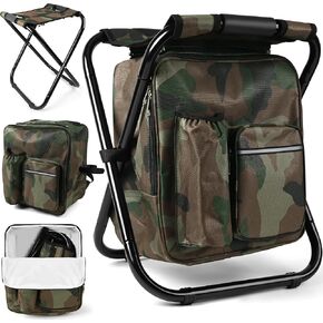 Kikerike Folding Stool Backpack Insulated Cooler Bag, Collapsible Camping Hunting Fishing Multifunction Chair with Front Pocket and Bottle Pocket for Outdoor Events, Hiking, Travel, Beach - Camo in Saudi Arabia