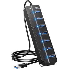 USB Hub 7 Port, USB Splitter with Individual On/Off Switches and Lights. | USB 3.0 Hub with 3.3ft Cable, Extender for A Port Laptop, PC, Desktop in Saudi Arabia