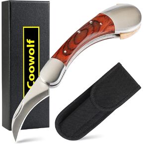 Coowolf Mushroom Foraging Knife with Brush and Sheath | Professional Folding Knife, 2.36"Curved Stainless Steel Blade, Wood Handle, For Morels Porcini Chanterelles Hunting in Saudi Arabia