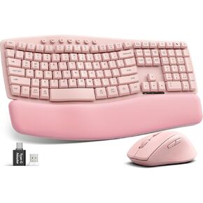 Wireless Keyboard and Mouse Combo, SABLUTE MA41 30dB Quiet Ergonomic Wave Keyboard Set with Soft Leather Palm Rest, Dual-System Switch for Windows/Mac, Ideal for Business Teams Home Office | Soft Leather Memory Foam Wrist Rest, 2.4GHz Wireless, UAB-A & US in Kuwait