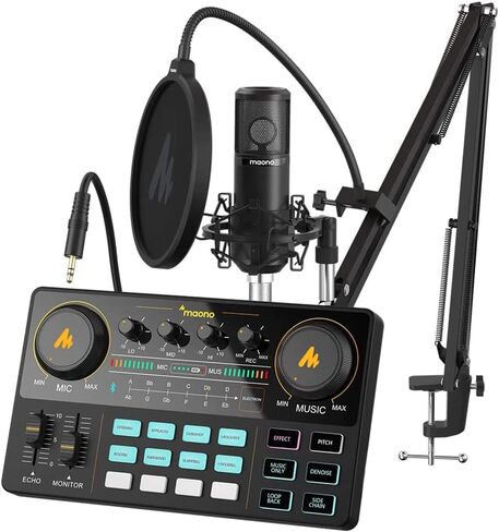 MAONO Podcast Equipment Bundle with Audio Mixer & 3.5mm Mic for Streaming | All-in-one audio production, PC and smartphone-compatible, 4 custom soundpads, for creators, home podcast setup AU-AM200-S1 in Kuwait