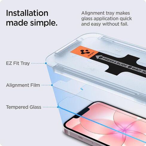 Spigen GlasTR EZ FIT Screen Protector for iPhone 17e, 16e, 14, 13 Pro, 13 | 9H+ tempered glass, Scratch resistance, auto-align tray, Notch design, 100% clarity, Original touch, Case-friendly, 2 Pack in Kuwait