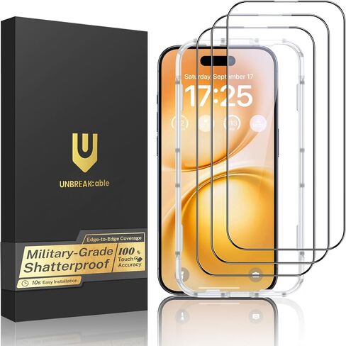 UNBREAKcable 3-Pack Screen Protector for iPhone 15 Pro, Double Shatterproof Tempered Glass [Easy Installation Frame] [9H Hardness] [Full Coverage] [HD Clear] for iPhone 15Pro 6.1 inch in Kuwait