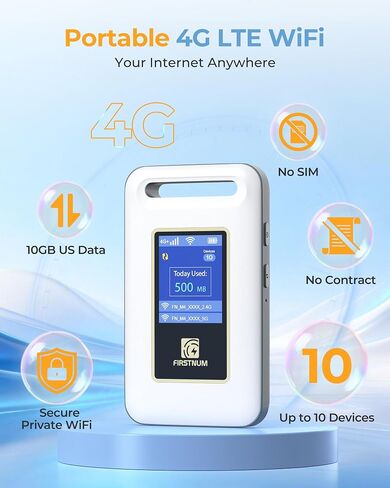 Portable WiFi for Tavel, 4G LTE Hotspot Pocket Device, 10GB Free US Data | No SIM or Contract, Connect 10 Devices, Works for RV & Outdoor Use in Saudi Arabia