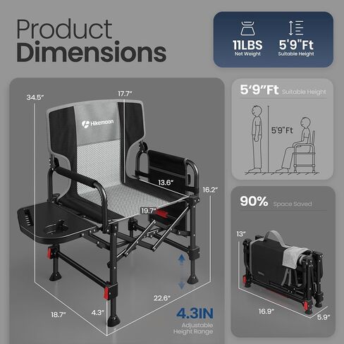 Folding Camping Director Chairs, Adjustable Height, Black | Side Table, Storage Pocket, Heavy Duty, Portable, Compact Fold for Outdoor, Camp, Beach, Fishing, Lawn, Travel in Saudi Arabia