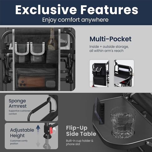 Folding Camping Director Chairs, Adjustable Height, Black | Side Table, Storage Pocket, Heavy Duty, Portable, Compact Fold for Outdoor, Camp, Beach, Fishing, Lawn, Travel in Saudi Arabia