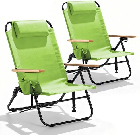 2 Pack Premium 5-Position Reclining Camping Chair - Portable Folding Lightweight Outdoor Chair with Wooden Armrests, Headrest & Pockets, 350lbs Heavy Duty for Beach, Patio, Backyard, Black in Saudi Arabia