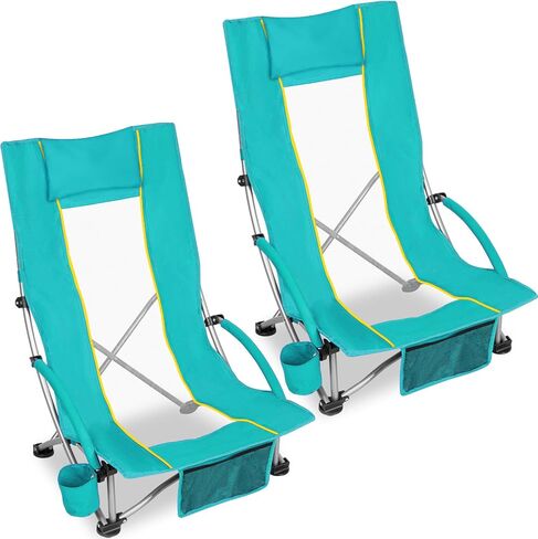 High Back Beach Chair, Compact Lightweight Low Seat Camping Chair, Fits in Suitcase, 300lbs Heavy Duty Oversized Backpack Chair with Cup Holder & Storage Bag, Green in Saudi Arabia