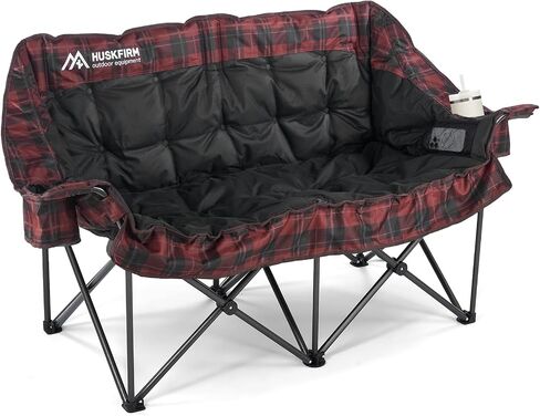 Huskfirm Padded Double Camping Chair, Heavy Duty Camping Loveseat, Grey | Folding 2 Person Camping Chair Heavy Duty 800 LBS Capacity Camping Couch for Adults with Cup Holder & Carry Bag Thick Padding in Saudi Arabia