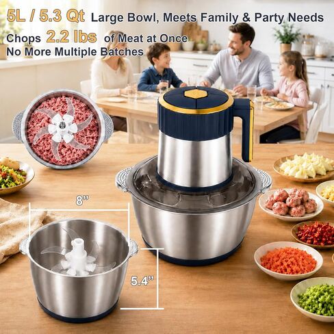 Food Processor, 5Qt Food Chopper Electric, 5-Speed Meat Grinder for Kitchen | Compact, Vegetable Chopper, Stainless Steel,Dishwasher Safe, for Garlic, Onion, Melon & Fruit, Food Grinder, with Accessories in Saudi Arabia