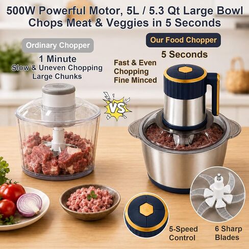 Food Processor, 5Qt Food Chopper Electric, 5-Speed Meat Grinder for Kitchen | Compact, Vegetable Chopper, Stainless Steel,Dishwasher Safe, for Garlic, Onion, Melon & Fruit, Food Grinder, with Accessories in Saudi Arabia