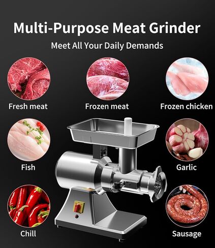 #12 Electric Meat Grinder Heavy Duty 1.3 HP Full Stainless Steel Commercial | Grind Chicken Bones and Frozen Meat, for Gamekeeper & Pet Food, With Sausage Stuffer Tube, Large, Industrial, 950W, Home Use in Saudi Arabia
