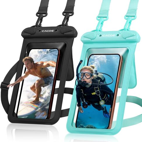CACOE Waterproof Phone Pouch 2 Pack Up to 8.8", Double Bag, Black+Green | IPX8 Waterproof Phone Case,Adjustable Lanyard,Dry Bags for Beach/Cruise/Travel/Camping/Kayak/Hiking/Lake/Vacation Essentials in Saudi Arabia
