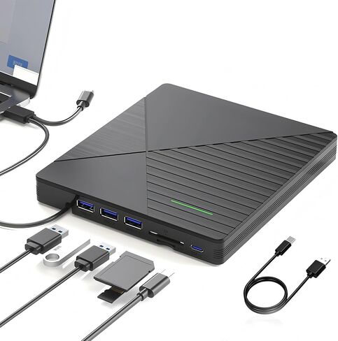 External CD DVD Drive for Laptop Mac with 3 USB Ports and 2 TF/SD Card Slots,USB 3.0 & USB-C CD DVD Optical Disc Reader Burner Player for MacBook Pro Air iMac Laptop PC Windows 11/10/8/7 Linux Mac OS in Saudi Arabia