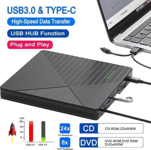 External CD DVD Drive for Laptop Mac with 3 USB Ports and 2 TF/SD Card Slots,USB 3.0 & USB-C CD DVD Optical Disc Reader Burner Player for MacBook Pro Air iMac Laptop PC Windows 11/10/8/7 Linux Mac OS in Saudi Arabia