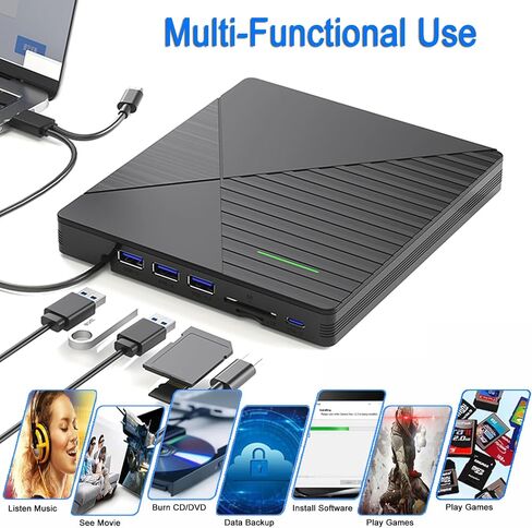 External CD DVD Drive for Laptop Mac with 3 USB Ports and 2 TF/SD Card Slots,USB 3.0 & USB-C CD DVD Optical Disc Reader Burner Player for MacBook Pro Air iMac Laptop PC Windows 11/10/8/7 Linux Mac OS in Saudi Arabia