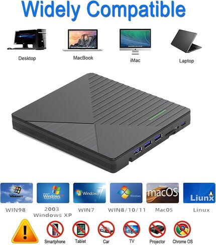 External CD DVD Drive for Laptop Mac with 3 USB Ports and 2 TF/SD Card Slots,USB 3.0 & USB-C CD DVD Optical Disc Reader Burner Player for MacBook Pro Air iMac Laptop PC Windows 11/10/8/7 Linux Mac OS in Saudi Arabia