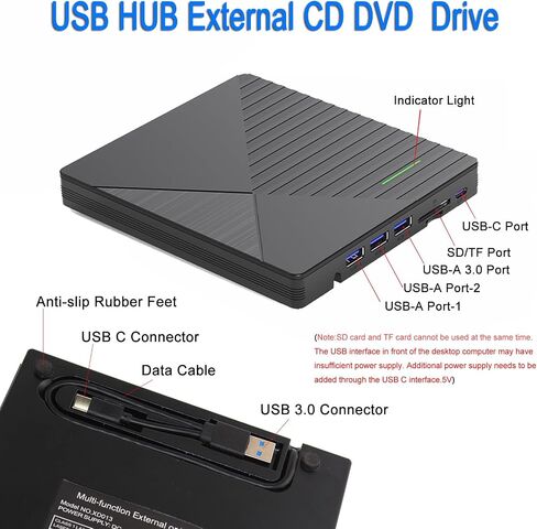 External CD DVD Drive for Laptop Mac with 3 USB Ports and 2 TF/SD Card Slots,USB 3.0 & USB-C CD DVD Optical Disc Reader Burner Player for MacBook Pro Air iMac Laptop PC Windows 11/10/8/7 Linux Mac OS in Saudi Arabia