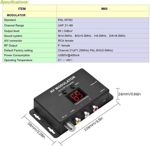 M60 RF Modulator AV to RF Converter USB Powered Wide for frequency 471.25MHz–885.25MHz Supports NTSC TV Formats for Home Entertainment in Saudi Arabia