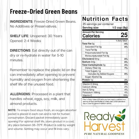 Ready Harvest Freeze Dried Food - Green Beans | Emergency Food | Camping Vegetables | #10 Can | 25-Year Shelf Life | Cans Filled to the Top in Saudi Arabia