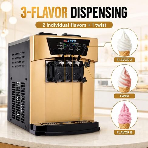 Commercial Countertop Soft Serve Machine, 3 Flavors, 22–28 L/H, 115V 2200W | 22–28 L/H OUTPUT: Dual 6L hoppers and two 1.7L cylinders serve two individual flavors plus one twist. in Saudi Arabia