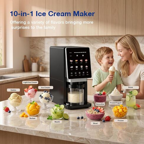 H-Duka 10-in-1 Ice Cream Maker Machine, 800W Frozen Treat Maker for Silky Gelato, Sorbet&Slushies, One-Touch Mix-In & Re-Spin for Creamy Texture, Keto & Vegan, Includes 3 Pints & Recipe Guide, Black in Saudi Arabia