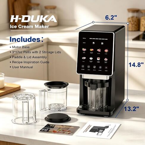 H-Duka 10-in-1 Ice Cream Maker Machine, 800W Frozen Treat Maker for Silky Gelato, Sorbet&Slushies, One-Touch Mix-In & Re-Spin for Creamy Texture, Keto & Vegan, Includes 3 Pints & Recipe Guide, Black in Saudi Arabia