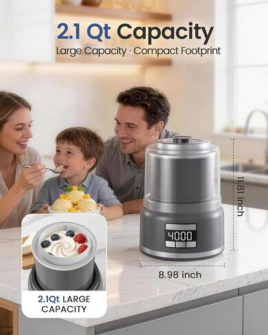 Ice Cream Maker Machine, 2.1 Quart Double Insulated Machine, Soft Serve Ice Cream, Gelato, Sorbet and Frozen Yogurt Maker, Fast Cooling, Visible Feeding Port, Easy 3-Button Control in Saudi Arabia