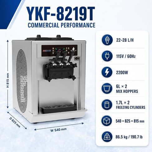 3-Flavor Countertop Soft Serve Ice Cream Machine, 22–28 L/H, 115V 2200W | 3-flavor countertop soft serve machine with dual 6L hoppers, dual 1.7L cylinders, 22–28 L/H output and low-mix alert. in Saudi Arabia