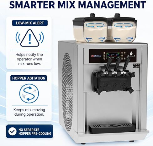 3-Flavor Countertop Soft Serve Ice Cream Machine, 22–28 L/H, 115V 2200W | 3-flavor countertop soft serve machine with dual 6L hoppers, dual 1.7L cylinders, 22–28 L/H output and low-mix alert. in Saudi Arabia