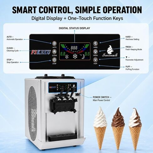 3-Flavor Countertop Soft Serve Ice Cream Machine, 22–28 L/H, 115V 2200W | 3-flavor countertop soft serve machine with dual 6L hoppers, dual 1.7L cylinders, 22–28 L/H output and low-mix alert. in Saudi Arabia