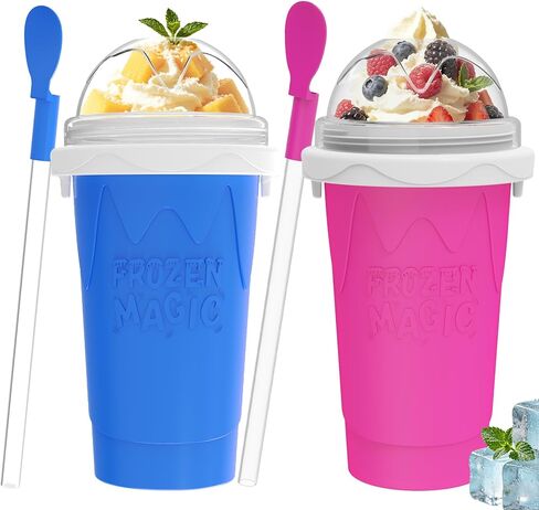 2PCS 500ML Slushie Maker Cup, DIY Magic Slushy Maker Squeeze Cup,Smoothie Squeeze Cup for Juices, Milk and Ice Cream Make, Double Layer Silicone Slushie Cup with Straw,Gifts for Family(Pink+Blue) in Saudi Arabia