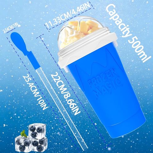 2PCS 500ML Slushie Maker Cup, DIY Magic Slushy Maker Squeeze Cup,Smoothie Squeeze Cup for Juices, Milk and Ice Cream Make, Double Layer Silicone Slushie Cup with Straw,Gifts for Family(Pink+Blue) in Saudi Arabia