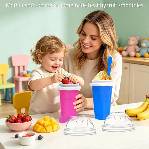 2PCS 500ML Slushie Maker Cup, DIY Magic Slushy Maker Squeeze Cup,Smoothie Squeeze Cup for Juices, Milk and Ice Cream Make, Double Layer Silicone Slushie Cup with Straw,Gifts for Family(Pink+Blue) in Saudi Arabia