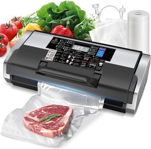 95KPa 10-in-1 Commercial Vacuum Sealer Double Heat Seal Device | Equipped with easy-lock handle, built-in cutter, sealed hose, 1 roll + 15 vacuum bags for food preservation Black Silver in Saudi Arabia