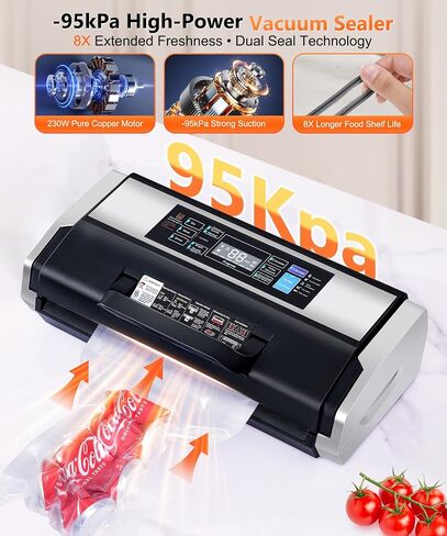 95KPa 10-in-1 Commercial Vacuum Sealer Double Heat Seal Device | Equipped with easy-lock handle, built-in cutter, sealed hose, 1 roll + 15 vacuum bags for food preservation Black Silver in Saudi Arabia