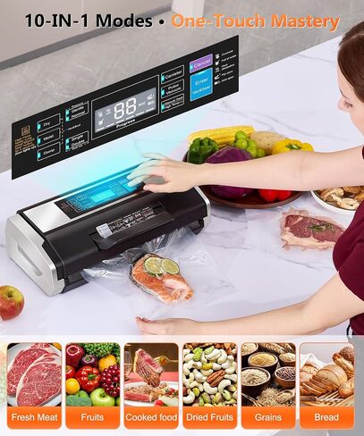 95KPa 10-in-1 Commercial Vacuum Sealer Double Heat Seal Device | Equipped with easy-lock handle, built-in cutter, sealed hose, 1 roll + 15 vacuum bags for food preservation Black Silver in Saudi Arabia