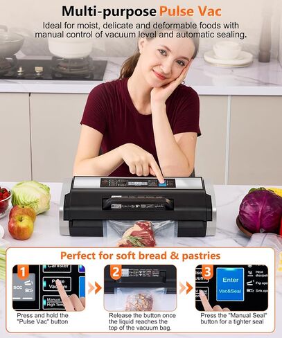 95KPa 10-in-1 Commercial Vacuum Sealer Double Heat Seal Device | Equipped with easy-lock handle, built-in cutter, sealed hose, 1 roll + 15 vacuum bags for food preservation Black Silver in Saudi Arabia